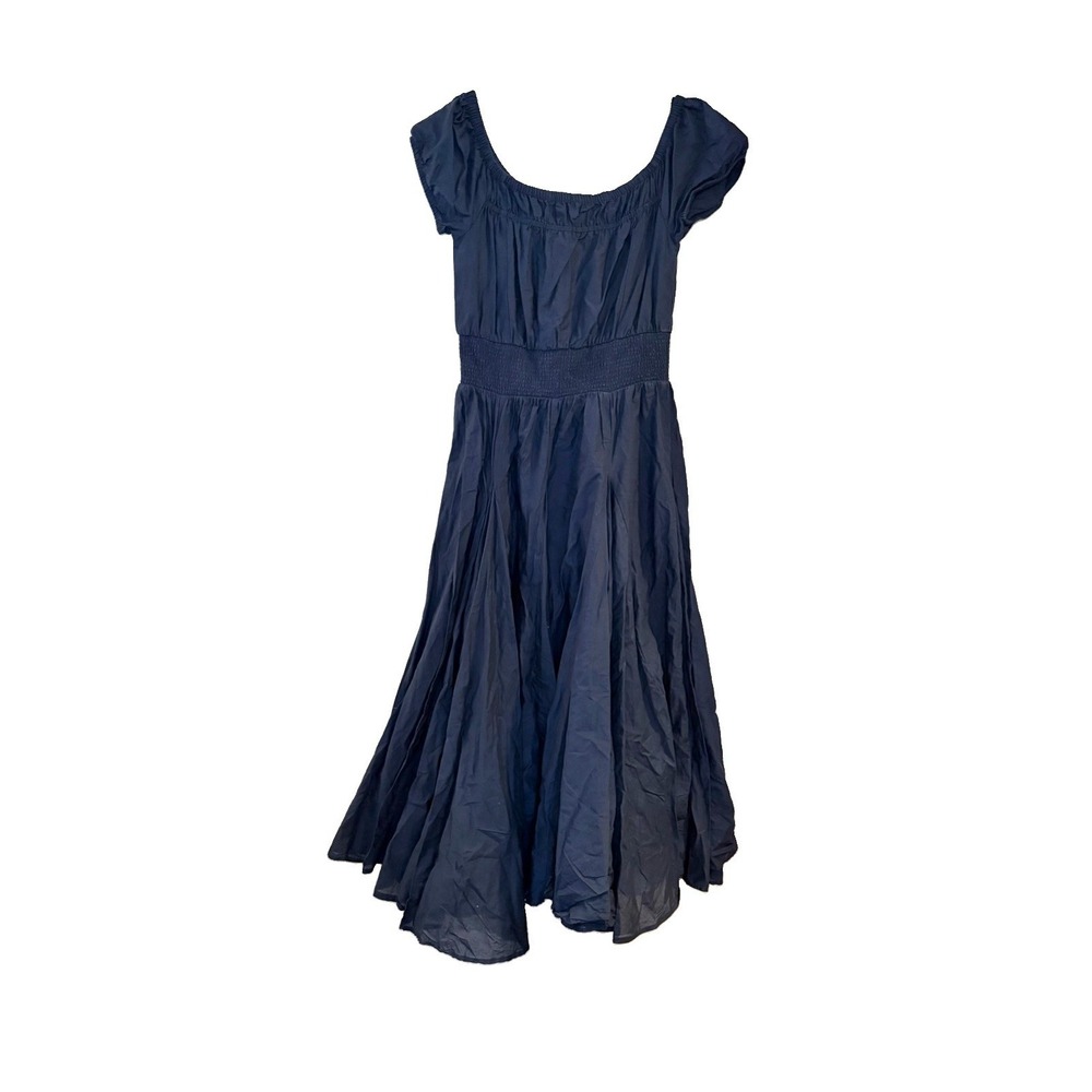 INC Smocked‎ Poplin Cotton Navy Blue Off Shoulder Fit Flare Midi Dress A-Line M